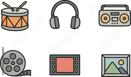 Colorful icon set of entertainment and media elements on blurred background