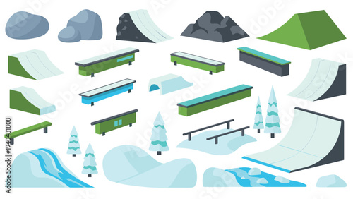 Winter sports park elements set for snowboarding and skiing in minimalist style
