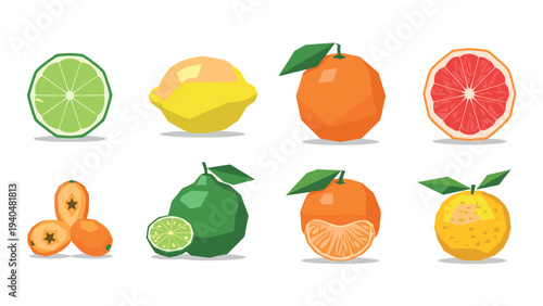 Geometric citrus fruits collection: fresh and vibrant low poly designs