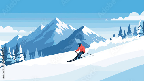 Winter adventure: skiing down snowy mountain with majestic alpine landscape