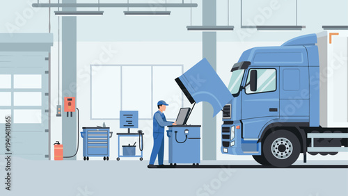 Mechanic working on large truck in modern repair shop setting