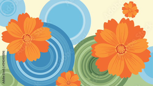 Abstract floral design with vibrant orange flowers and circular patterns