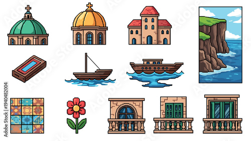 Charming mediterranean elements: architecture, nature, and nautical icons