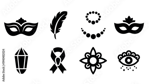 Silhouette icons: carnival masks, feather, jewel necklace, crystal, awareness ribbon