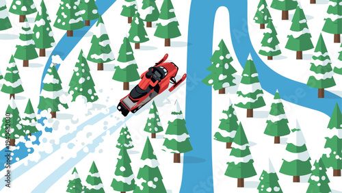Snow adventure with red snowmobile navigating through pine forest in winter wonderland