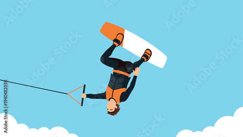 Dynamic watersports enthusiast wakeboarding in vibrant cartoon style