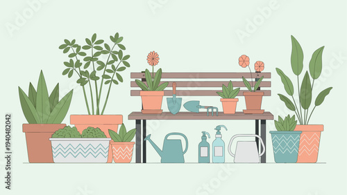 Flat garden bench scene with potted plants and gardening tools