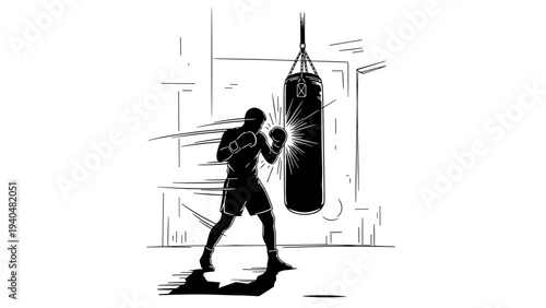 Silhouette of boxer training with punching bag in dynamic motion outline