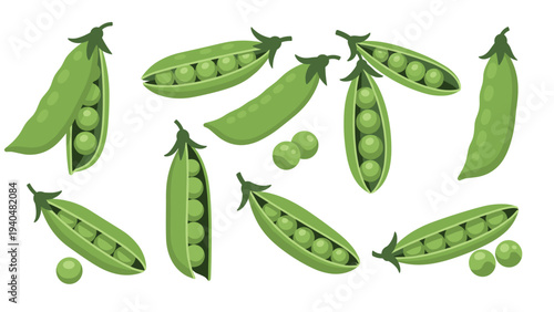Fresh green peas in pods pattern on white background
