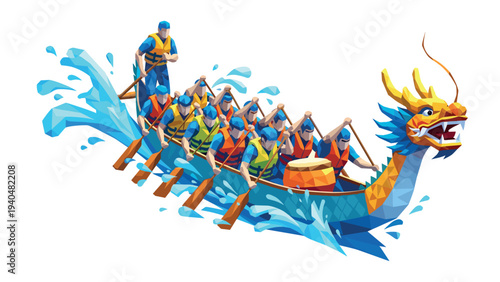 Colorful polygonal dragon boat race team in action
