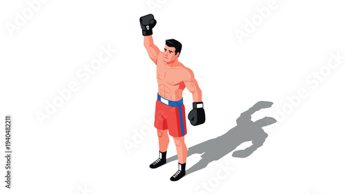 Isometric boxer triumphantly raising arm in victory pose