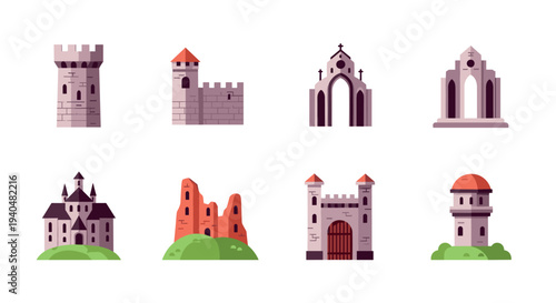 Collection of medieval castle and fortress icons in flat style