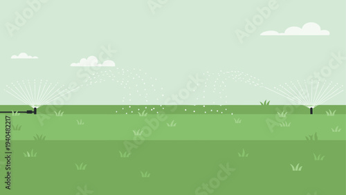 Flat landscape with sprinkler irrigation on grass field under cloudy sky