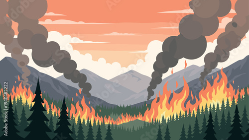Wildfire landscape with forest and mountains in a dramatic smoky sunset scene