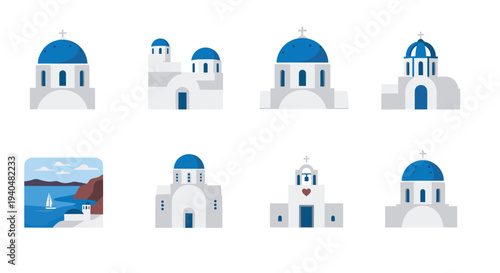 Iconic greek architecture with blue domes and traditional buildings