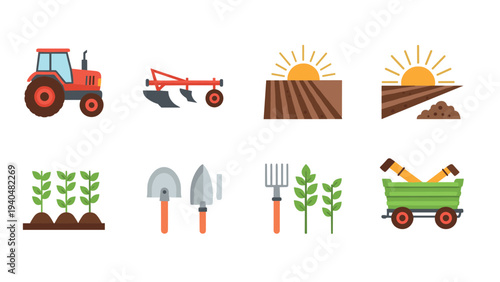 Flat design icon set featuring farm equipment and agriculture tools