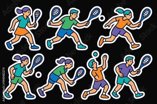 Dynamic tennis players in colorful outfits on black background