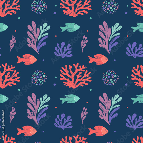 Sea life seamless pattern with fishes, corals, seaweed. Retro marine life on dark background. Underwater pattern