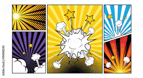 A comic strip illustration of explosion effects with colorful rays and stars in a graphic novel style