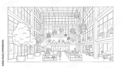 Modern office interior with greenery and open space design in linear style