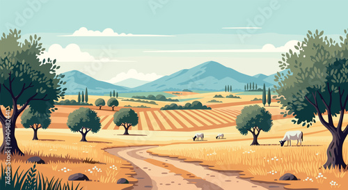 Peaceful rural landscape with fields, trees, and grazing cows under clear sky