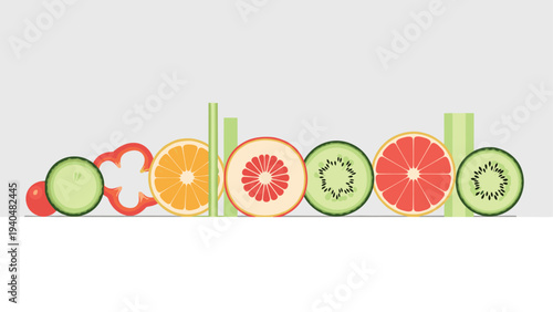 Colorful flat style fruit and vegetable slices on white background