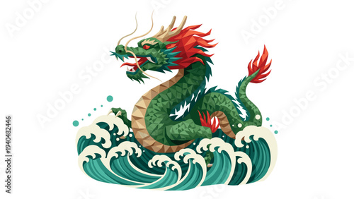 Colorful geometric dragon emerging from ocean waves