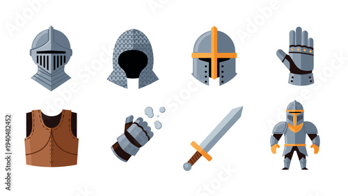 Medieval knight armor and weapons set in flat design style