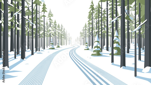 Winter forest landscape with snowy trees and ski trail in flat design