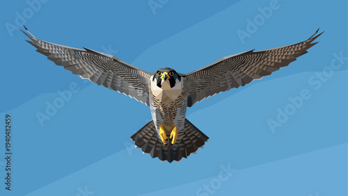 Geometric falcon in flight: low poly bird design with blue sky background