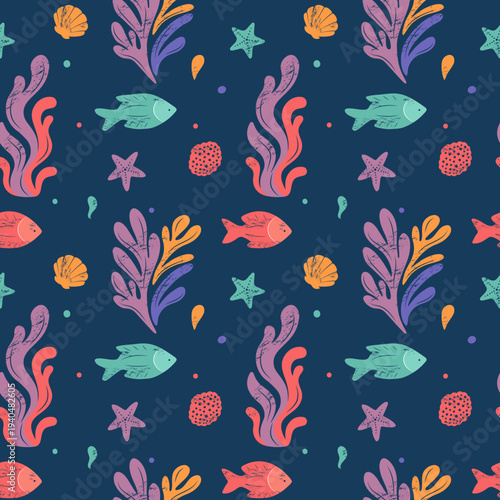 Ocean animals seamless pattern with fishes, corals, seaweed. Groovy marine background. Underwater pattern