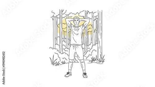 Man relaxing in forest with hands behind head in linear art style
