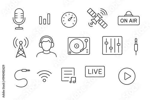 Audio and broadcasting line icons set featuring microphone, headphones, satellite, and live elements