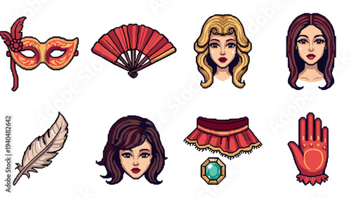 Retro pixel art icons featuring carnival mask, fans, and female faces