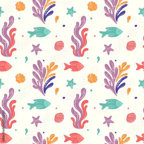 Ocean animals seamless pattern with fishes, corals, seaweed. Groovy marine background. Underwater pattern