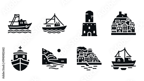 Nautical silhouette set: boats and coastal structures in iconic black design