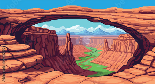 Pixel art canyon landscape with natural rock arch and river under blue sky