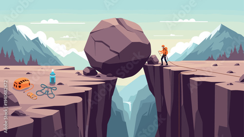 Adventurous mountain climber crossing a chasm with gear and giant boulder