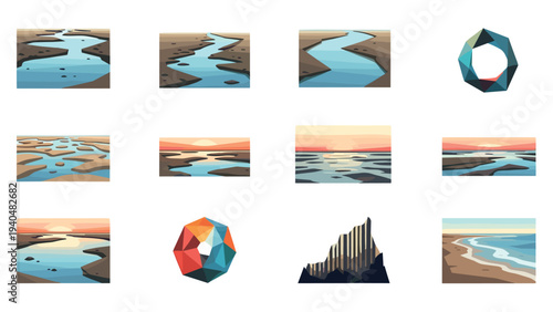 Scenic coastal and geometric abstract art collection