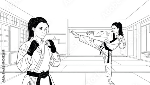 Karate training: two women practicing martial arts in a dojo