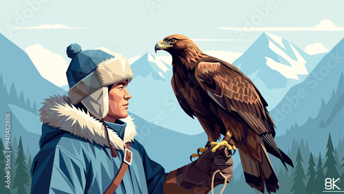 Hunter with golden eagle in snowy mountain landscape
