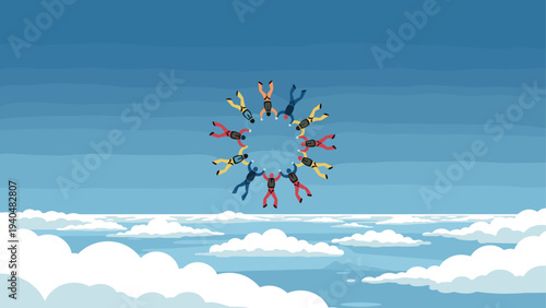 Skydivers in circular formation beneath a clear blue sky