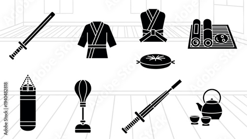 Traditional japanese martial arts icons featuring swords, uniforms, and tea set in black silhouette style
