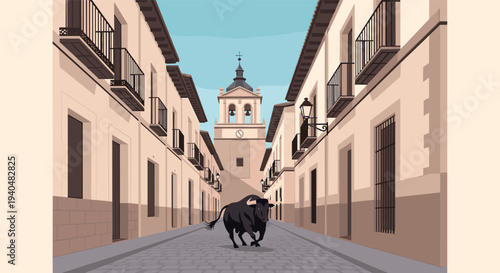 Traditional spanish street with running bull and historic architecture