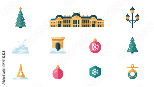 Festive parisian icons: holiday decor and landmarks in flat design