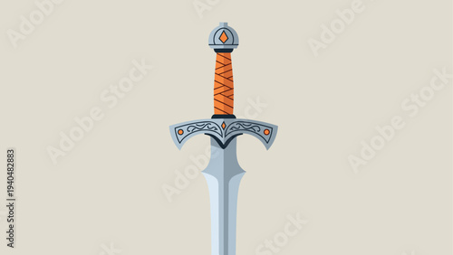 Detailed medieval sword with decorative hilt on neutral background