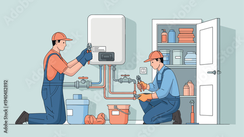 Technicians repairing water heater in utility room
