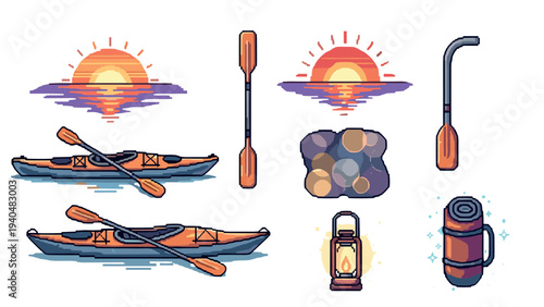 Retro camping and kayaking icons with pixel art sunset and gear