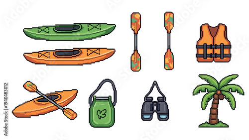 Colorful pixel art kayaking equipment and nature elements set
