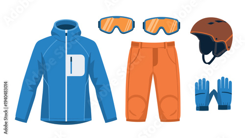 Winter sports gear: jacket, pants, helmet, goggles, gloves for ski and snowboarding